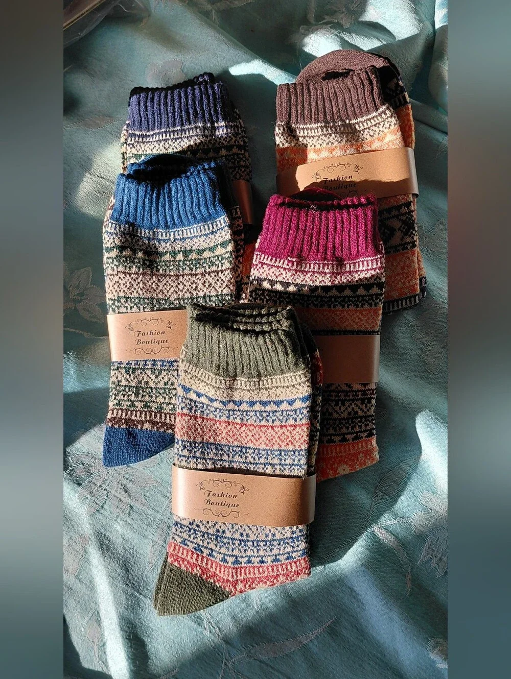 Patterned Crew Socks - Olive, Blue, Burgundy, Brown, Navy